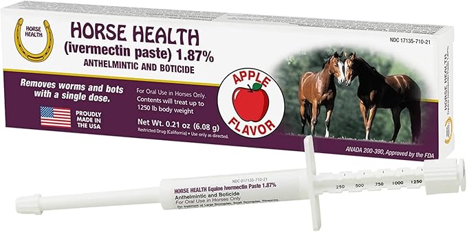 Horse Ivermectin Paste 1.87% – Apple Flavored Oral Horse Dewormer Syringe – 6.08g Tube Treats Horses Up to 1250 lbs (2-Pack)