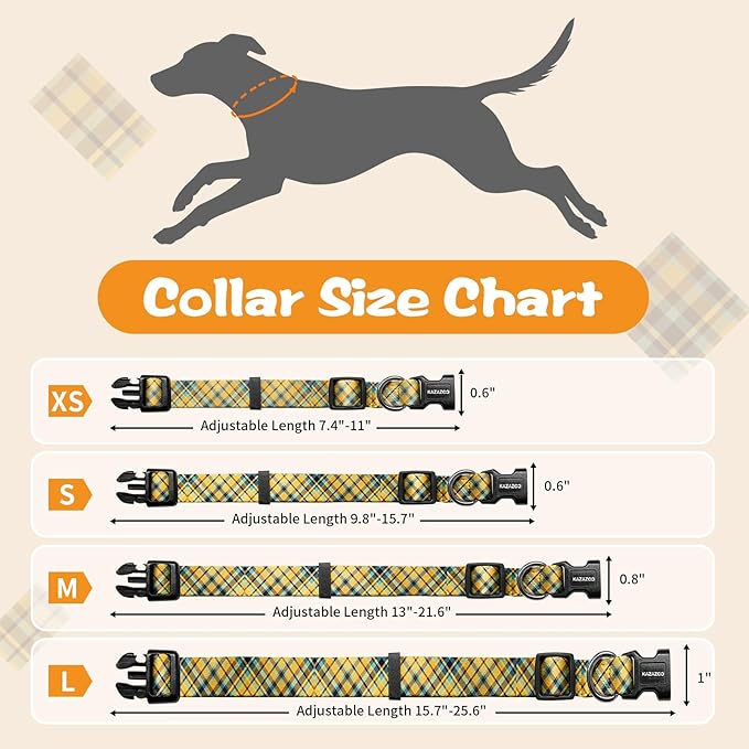 Kazazoo Dog Collar Cute and Soft Nylon Puppy Collar for Boy and Girl, Adjustable Dog Collars for Small Medium Dogs, Yellow&Blue Plaid-XS