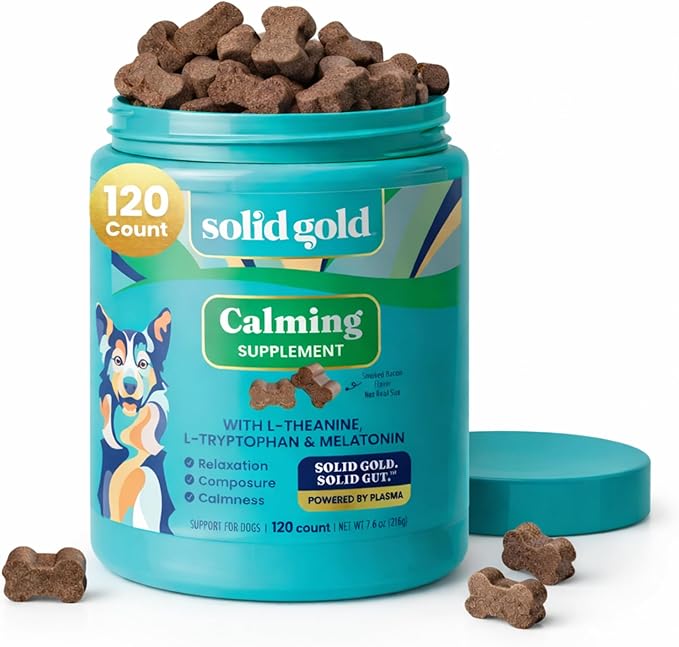 Solid Gold Calming Chews for Dogs - Dog Calming Chews w/Melatonin for Separation, Stress & Hyperactivity Relief - Supports Relaxation for Travel, Fireworks & Storms - All Ages & Sizes - Bacon 120ct