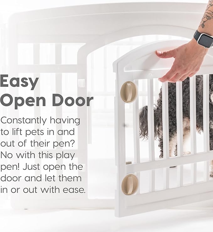 IRIS USA Dog Playpen with Door, 24” 6 Panel Pet Exercise Pen – Indoor Outdoor Puppy Play Pen, Portable Plastic Pet Fence for Small Medium Dogs, Foldable 61” x 61” x 24”, White