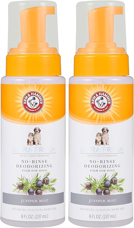 Arm & Hammer for Pets Ultra Fresh Dog Deodorizing Foam,Juniper Mist Scent - No Rinse Waterless Dog Shampoo for Smelly Dogs,Pet Deodorizer,Bathing Supplies,8 Fl Oz,(Pack of 2)