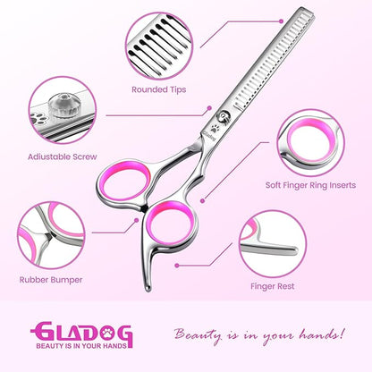 GLADOG Professional 4 in 1 Dog Grooming Scissors Set with Safety Round Tips, Sharp and Heavy-duty Pet Grooming Shears for Cats (Pink)