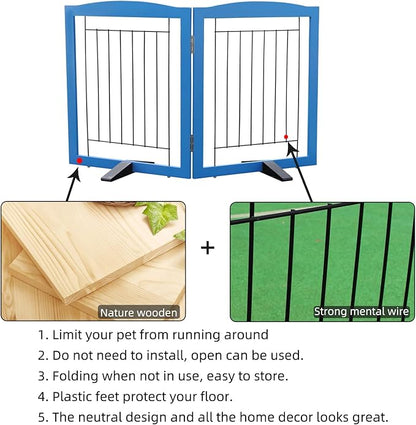 ZJSF Freestanding Dog Fence Indoor, Foldable Dog Gate for Doorways, Stairs or Hallways, Sturdy Wood Extra Wide Pet Gate with Support Feet for The House, Blue, 24 "Height-2 Panels