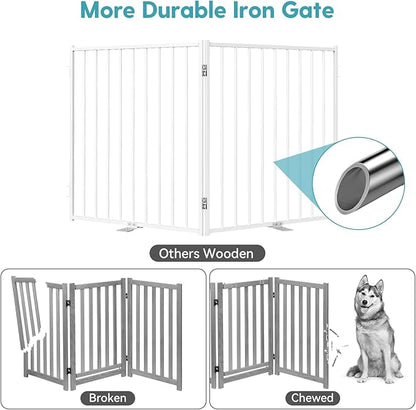 No Pawblems Free Standing Dog Gate with Door, 30'' Tall Foldable Dog Fence for Indoor & Outdoor, Up to 78 Inch Extra Wide Puppy Gate for Stairs, Hallways, Doorways, Deck, Yard (White, 3 Panels)