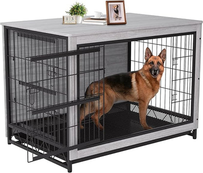 TLSUNNY Dog Crate Furniture, 44.1" Wooden Dog Kennel Indoor with 2 Doors, Heavy-Duty Dog Cage with Removable Tray, End Side Table, Modern Dog House for Large/Medium/Small Dogs, Grey