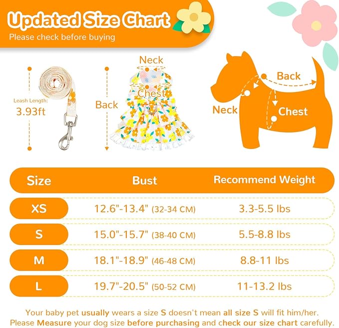 ABRRLO Dog Harness Dress Leash Set for Small Dog Summer Clothes Girl Female Puppy Cats Outfits Cute Floral Bowknot Princess Birthday Dress for Extra Small Pet Doggie Kitten Outfits Apparel(Yellow,M)