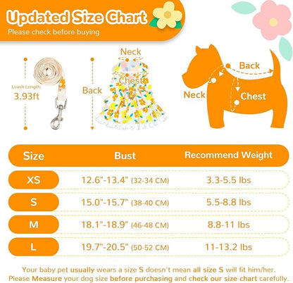 ABRRLO Dog Harness Dress Leash Set for Small Dog Summer Clothes Girl Female Puppy Cats Outfits Cute Floral Bowknot Princess Birthday Dress for Extra Small Pet Doggie Kitten Outfits Apparel(Yellow,M)
