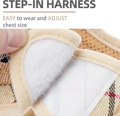 PUPTECK Soft Mesh Dog Harness Small Sized and Leash Set Step-in Plaid Puppy Padded No Pull Vest Harness for XS Dogs Cats Outdoor Walking, Beige M, Chest 15"-16"