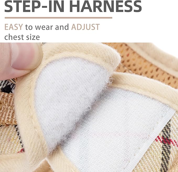 PUPTECK Soft Mesh Dog Harness and Leash Set Step-in Plaid Puppy Padded No Pull Vest Harness for XS Small Sized Dogs Cats Outdoor Walking, Beige S