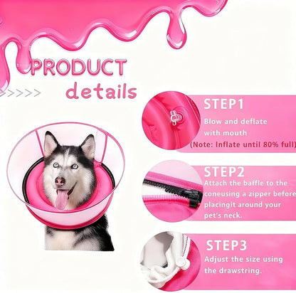 2-in-1 Soft Inflatable Dog Cone Collar Alternative with Enhanced Anti-Licking Guard Shield, Dog Collar After Surgery, Adjustable Recovery Cones for Large Medium Small Dogs and Cats(Pink, M+)