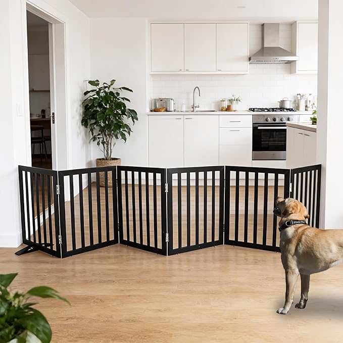 Dog Gate Indoor, Freestanding Dog Fence for The House, Doorways, Hallways,or Stairs,Pet Gate Foldable Wooden,Expandable 24" Height 6 Panels,Black