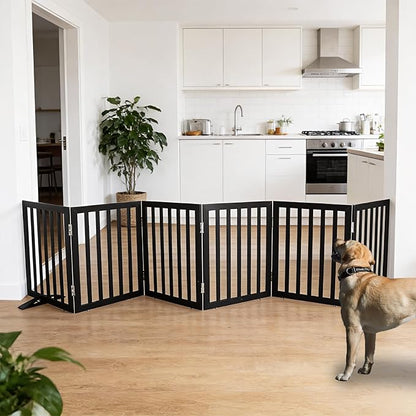 Dog Gate Indoor, Freestanding Dog Fence for The House, Doorways, Hallways,or Stairs,Pet Gate Foldable Wooden,Expandable 24" Height 6 Panels,Black