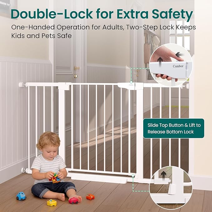 Cumbor 2 Pack 30-54" Baby Gate for Stairs, Dual Lock & Self-Closing Dog Gate for Doorways, Easy Install Pressure Mounted Pet Gates Indoor, Easy Walk Thru Wide Safety Proofing for Babies & Pets, White