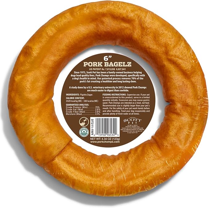 Pork Chomps Roasted Pork Skin Dog Chew, 6 Inch Bagel, 1 Count, Pack of 3 - Long-Lasting Treats for Dogs - High Protein, Rawhide-Free, Low Fat, Healthy & Delicious Chews
