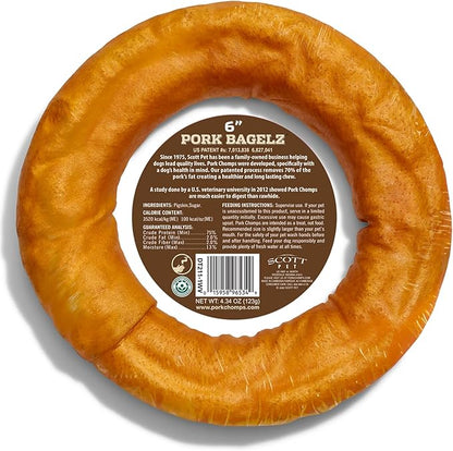 Pork Chomps Roasted Pork Skin Dog Chew, 6 Inch Bagel, 1 Count - Long-Lasting Treats for Dogs - High Protein, Rawhide-Free, Low Fat, Healthy & Delicious Chews