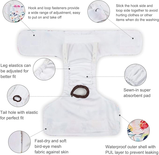 CuteBone Dog Diapers Female Washable Small Medium Large 3 Pack Reusable Doggie Diapers Puppy Period Pants for Doggy Heat Cycle Peeing D54L