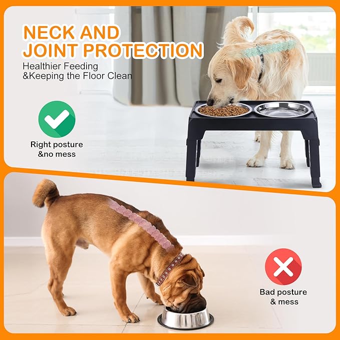 LALOBLUE Elevated Dog Bowls, Raised Bowl with 2 Stainless Steel Food Bowls, Dog Bowls Stand Adjusts to 5 Heights 2.95", 8.46", 9.65", 10.82", 12.01" for Small Medium Large Cats Pets,Black