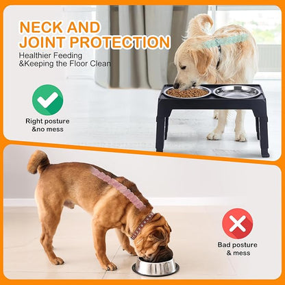 LALOBLUE Elevated Dog Bowls, Raised Bowl with 2 Stainless Steel Food Bowls, Dog Bowls Stand Adjusts to 5 Heights 2.95", 8.46", 9.65", 10.82", 12.01" for Small Medium Large Cats Pets,Black