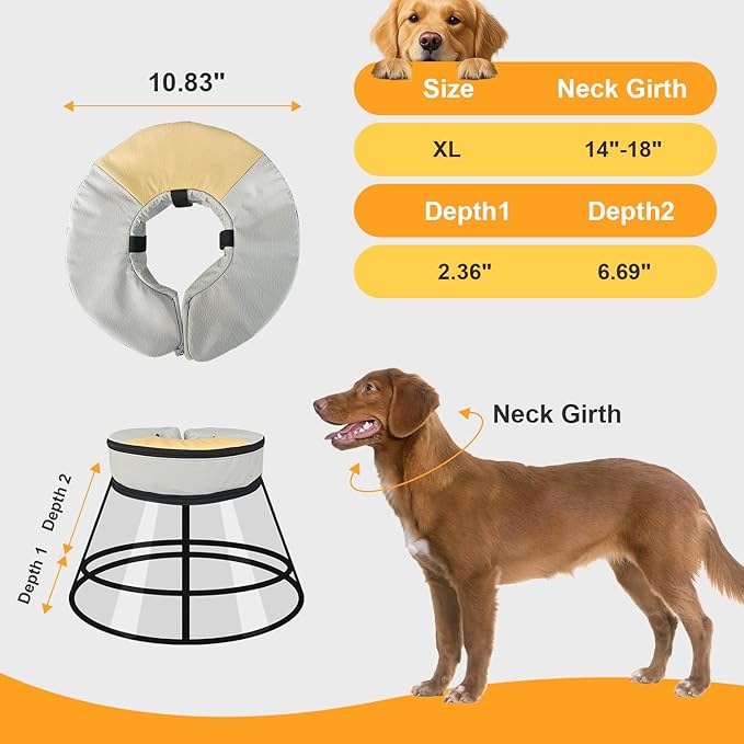 Sponge Core Dog Cat Cone Collar for After Surgery Recovery, Inflatable Dog Cone Alternative, Lainergie Dogs Donut Collar Adjustable with 2PCS Cover for Large Medium Small Dogs Cats (Grey+Yellow, XL)