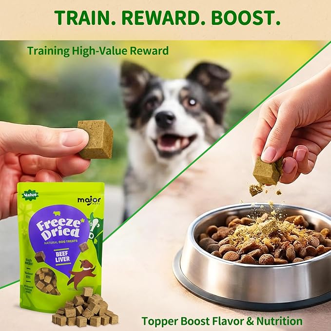 MAJOR PETS Freeze Dried Beef Liver Dog Treats - Single Ingredient - No Preservatives & High Protein - Grain Free - Premium Training Treats & Meal Topper - Made and Sourced in the USA - 10 oz