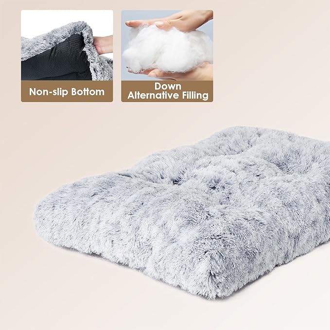 EHEYCIGA Fluffy Dog Crate Bed for Extra Large Dogs, Plush Faux Fur XLP Pad, Calming Anti Anxiety XL Plus Bed for Crate, Washable Soft Warm Dog Mat with Non-Slip Bottom, Grey