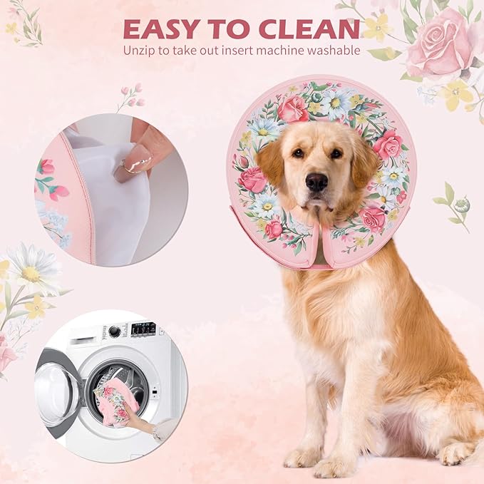 IEUUMLER Inflatable Recovery Dog Cone Collar, Neck Donut Protective ECollar, Adjustable Soft Collar for Dog and Cat After Surgery Prevent from Biting & Licking EU020 Floral Wreath XL