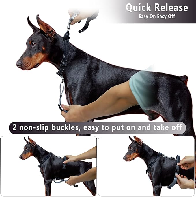 Roses&Poetry Dog Harness for Large Dogs, No-Pull Dog Harness and Leash Set Adjustable Reflective, Dog Vest Harnesses Comfort Padded Handle, Pet Harness for Training Outdoor Walking（BlackGray-L