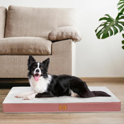 Orthopedic Dog Bed for Extra Large Dogs, Jumbo Waterproof Deluxe Plush Dog Crate Bed with Removable Washable Cover & Anti-Slip Bottom, Egg Crate Foam Pet Bed Mat, 47.5 x 29 Inches, Pink