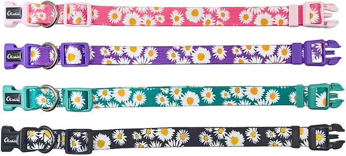 Dog Collar and Leash Set, Cute Daisy Pattern, Polyester Material, 5ft Leash, for Small Dogs.(Small,Green Daisy)