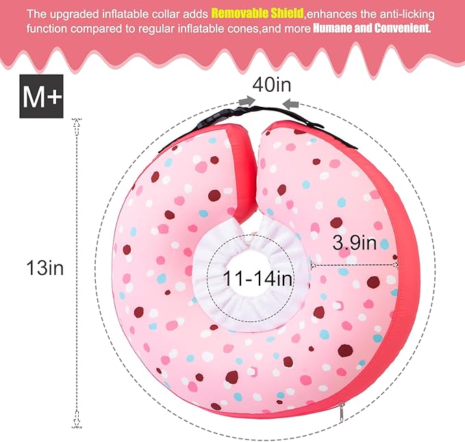 Dog Cone Collar Inflatable Donut for Large Medium Small Dogs, Soft Waterproof Dog Cone Alternative After Surgery Prevents Licking Wounds Easy Clean (Pink, M+ (Neck 11"-14"))