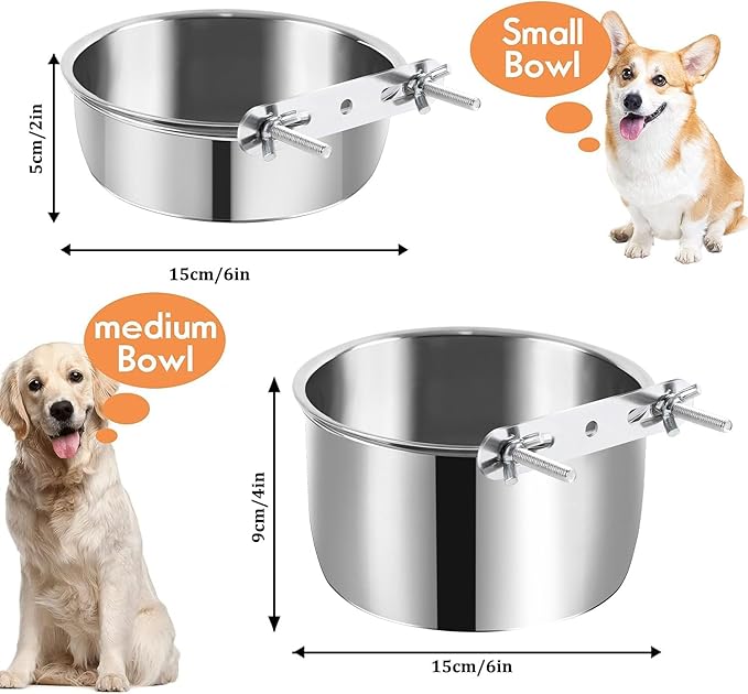 2 Pack Dog Water Bowl Crate No Spill Kennel Hanging Cage Food Bowls for Puppy Cat Bunny Stainless Steel Metal Mountable Small&Medium Feeding Dish Wall Mounted Attachable Crates Pet Feeder