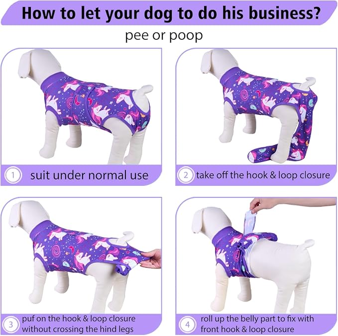PetWarm Surgical Suit for Dogs Female After Spay and Neuter, Dog Surgical Recovery Suit, Prevents Licking After Surgery Onesie, Pet Recovery Shirt for Dogs, Unicorn Pattern, Purple, XS