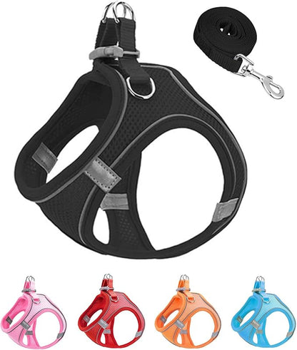 XS Black Soft Mesh Dog Harness and Leash Set,No Escape Puppy Harnesses for Training Walking， Reflective Adjustable Puppy Vest for Small Medium Dogs, Cats (Black, XS)
