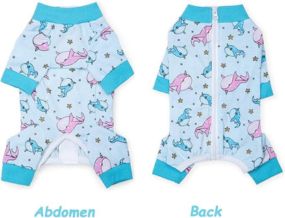 Dog Recovery Suit for Surgery Small Medium Dogs Onesie, Cute Soft Dog Pajamas Bodysuit Cone Alternative Prevent Licking Recovery Suit Female Male (Dolphins, X-Large)