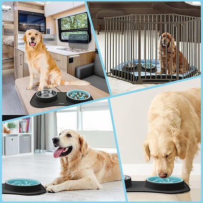 Anipaw Slow Feeder Dog Bowls 3 in 1 Stainless Steel Dog Food and Water Bowls with Non-Spill Non-Skid Silicone Mat to Slow Down Eating for Large Medium Small Breed Size Dogs and Cats (Grey Blue)