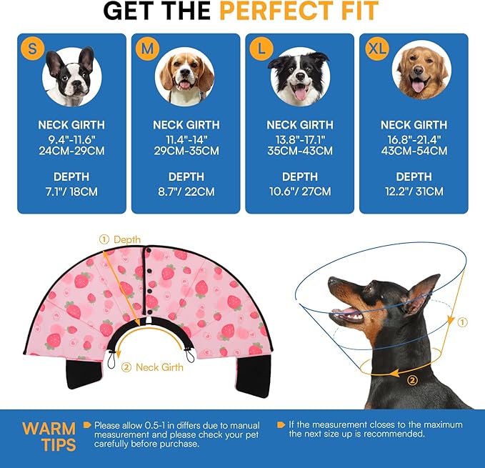 Queenmore Dog Cone, Dog Cones for Small Dogs, Adjustable Soft Cone for Dogs Recovery Collars & Cones, Comfortable Pet Cone After Surgery for Wound Healing, Strawberry S