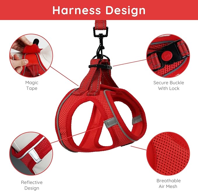 BELLA & PAL Step in Vest Harness for Small and Medium Dogs, No Pull Small Dog Harness with Leash Set, Comfortable Air Mesh Dog Vest Harness with Reflective Strip (Red, M)