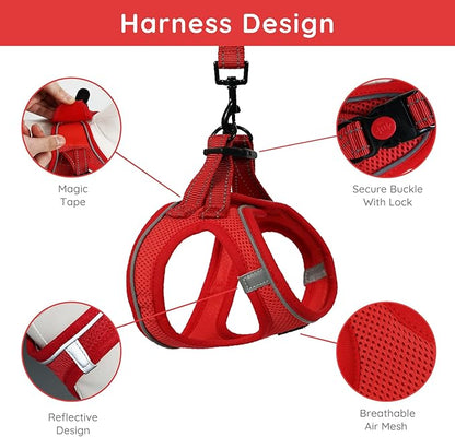 BELLA & PAL Step in Vest Harness for Small and Medium Dogs, No Pull Small Dog Harness with Leash Set, Comfortable Air Mesh Dog Vest Harness with Reflective Strip (Red, M)