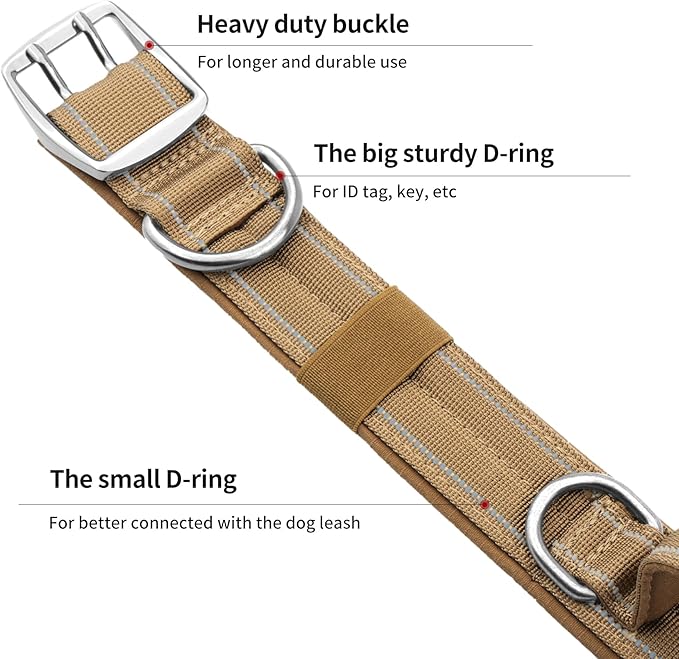 Annchwool Tactical Dog Collar for Medium and Large Dog,Adjustable Military Dog Collar with Soft Padded Handle,Heavy Duty Double Buckle Design(Brown,M)