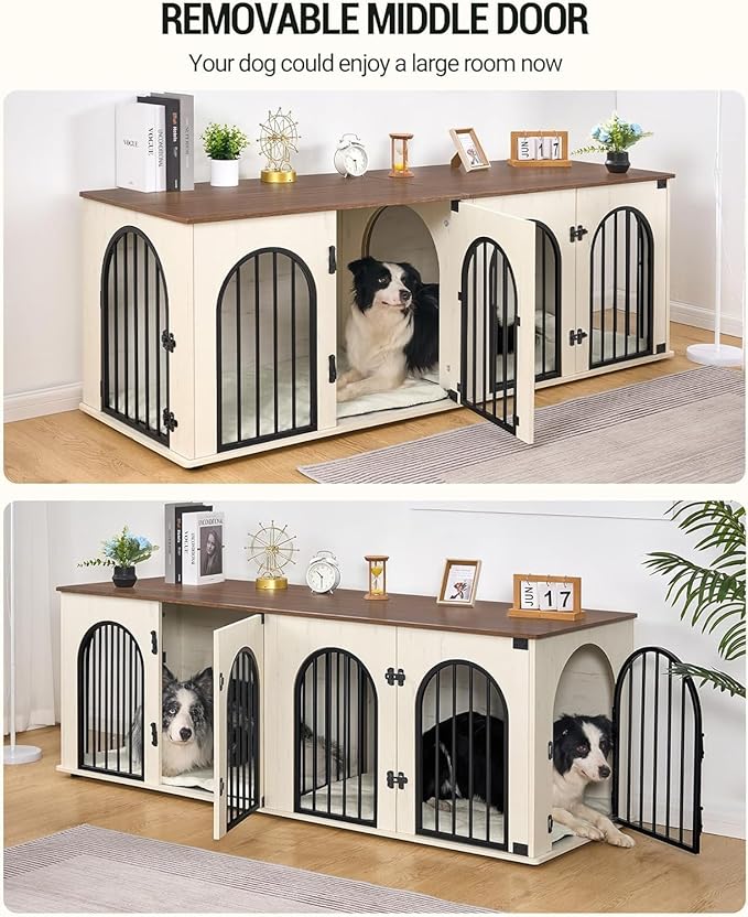 Hzuaneri 71" Dog Crate Furniture for 2 Dogs, Heavy Duty Indoor Dog Kennel TV Stand, XL Wooden Dog Cage with Divider for Medium Large Dogs, End Table Dog Crate with Cushion, White Brown DFC81914B
