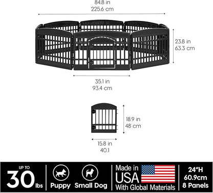 IRIS USA 24" Dog Playpen 8-Panel Pet Exercise Pen with Door Gate 83.5x83.5x24 Puppy Play Pen Indoor Outdoor Plastic Foldable Portable Pet Fence for Small Medium Dogs Puppies Multiple Pets Black