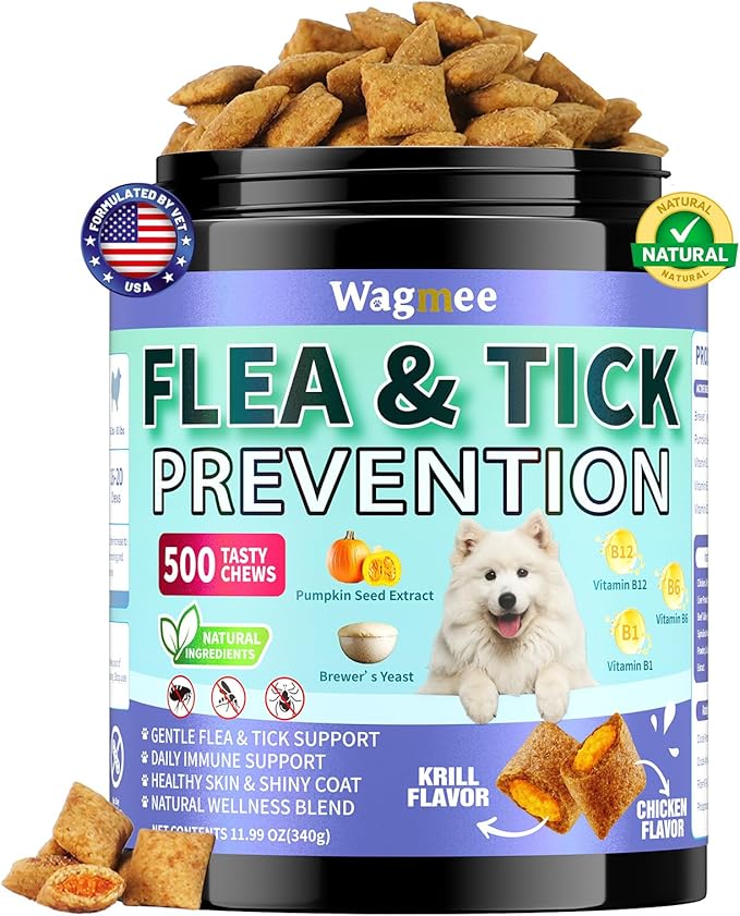 Flea and Tick Prevention for Dogs Chewables – 500 Crunchy & Creamy Tasty Chews, Natural Dog Flea and Tick Treatment Chewable, Oral Flea Chews Supplement for Dogs Puppies, All Breeds & Ages, Chicken