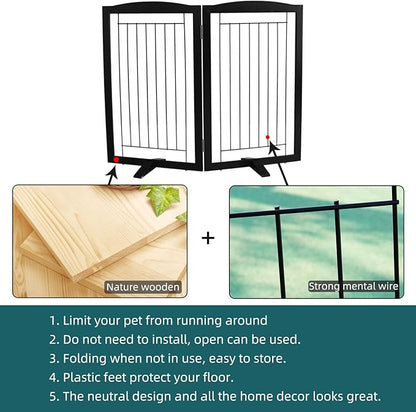 ZJSF Freestanding Dog Fence Indoor, Foldable Dog Gate for Doorways, Stairs or Hallways, Sturdy Wood Extra Wide Pet Gate with Support Feet for The House, Black, 32 "Height-2 Panels