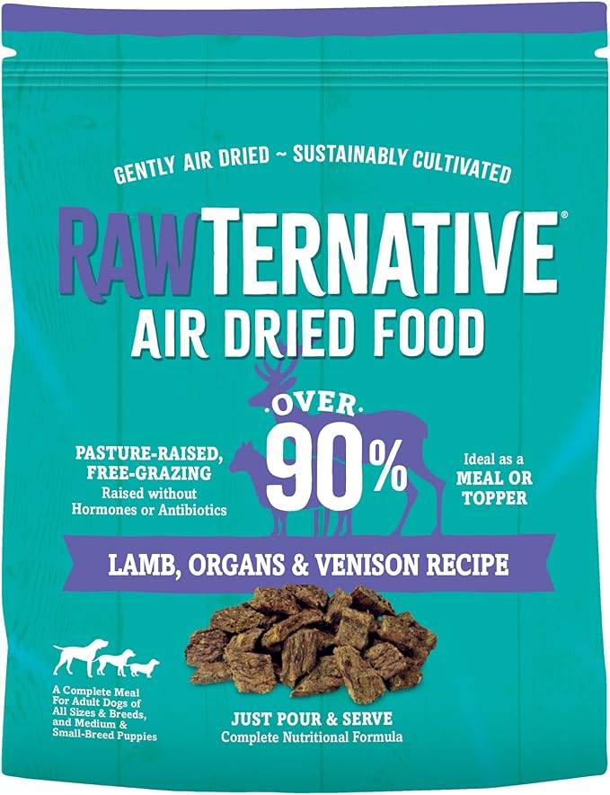 RawTernative Air Dried Dog Food, High Protein, Over 90% Real Lamb, Organs, & Venison + New Zealand Green Mussels, Complete Meal or Topper, Grain Free, Gluten Free, Non GMO, (5 lb Bag)