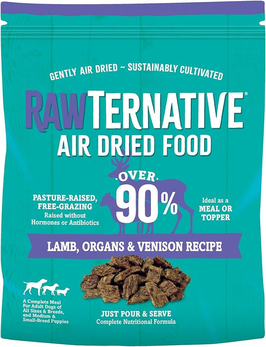 RawTernative Air Dried Dog Food, High Protein, Over 90% Real Lamb, Organs, & Venison + New Zealand Green Mussels, Complete Meal or Topper, Grain Free, Gluten Free, Non GMO, (5 oz Bag)