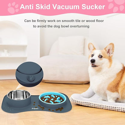 Anipaw Slow Feeder Dog Bowls 3 in 1 Stainless Steel Dog Food and Water Bowls with Non-Spill and Non-Skid Silicone Mat to Slow Down Eating for Large Medium Small Breed Size Dogs and Cats