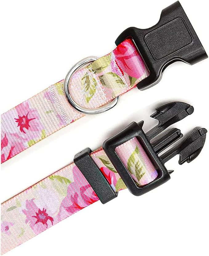 Mihqy Dog Collar and Leash Set with Bohemia Floral Tribal Geometric Patterns - Soft Ethnic Style Collar Adjustable for Small Medium Large Dogs(Pink Rose Set,S)