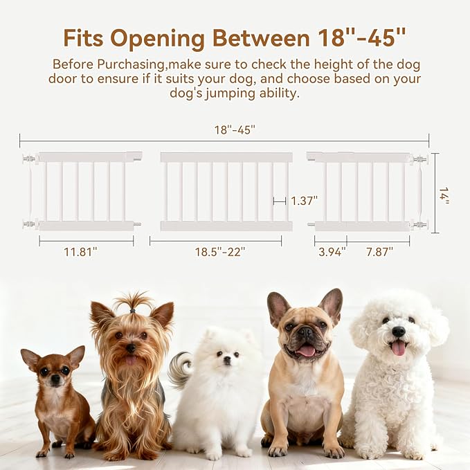 Fldofaves Dog Gate Indoor,18"-45" Extra Wide Metal Short Dog Gate to Step Over, 14" Tall Small Pet Gate with 3 Extension Kits, Pressure Mounted for Doorways & Stairs