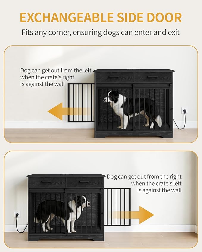 Hzuaneri 38.2'' Dog Crate Furniture with Charging Station, Barn Door Dog Kennel Indoor with 2 Storage Drawers, Wooden Pet Cage End Side Table for Medium/Large Dogs, Chew-Proof, Black DFC90304B