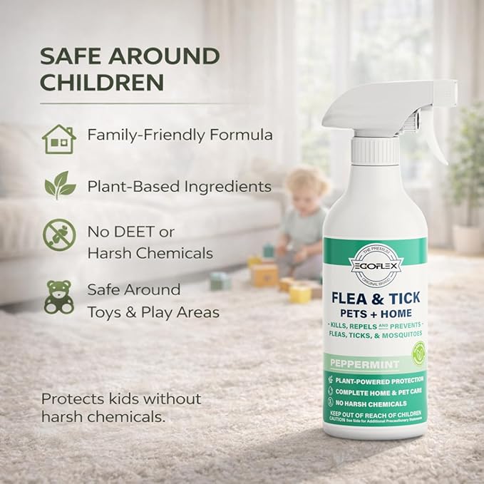Flea Spray for Home & Pets - Flea and Tick Prevention for Dogs - Plant Based Repellent with Natural Essential Oils for Dog Flea Treatment Protection - Peppermint Scent - 16 Fl Oz
